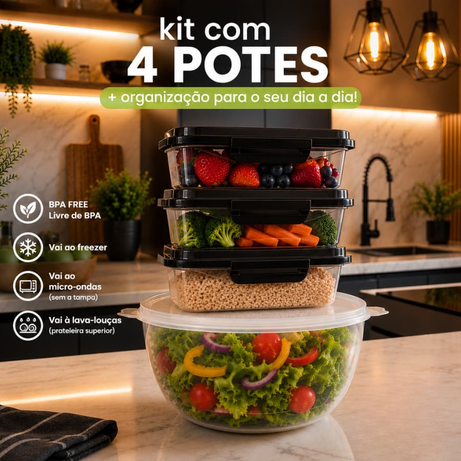Kit Potes Plásticos Trava + Saladeira Organizador de Alimentos BPA Free Freezer Microondas Cozinha