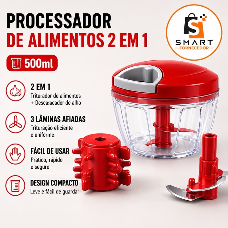 Processador Triturador de 500ml grande acompanha peça de silicone para descascar alho + 3 lâminas portátil.