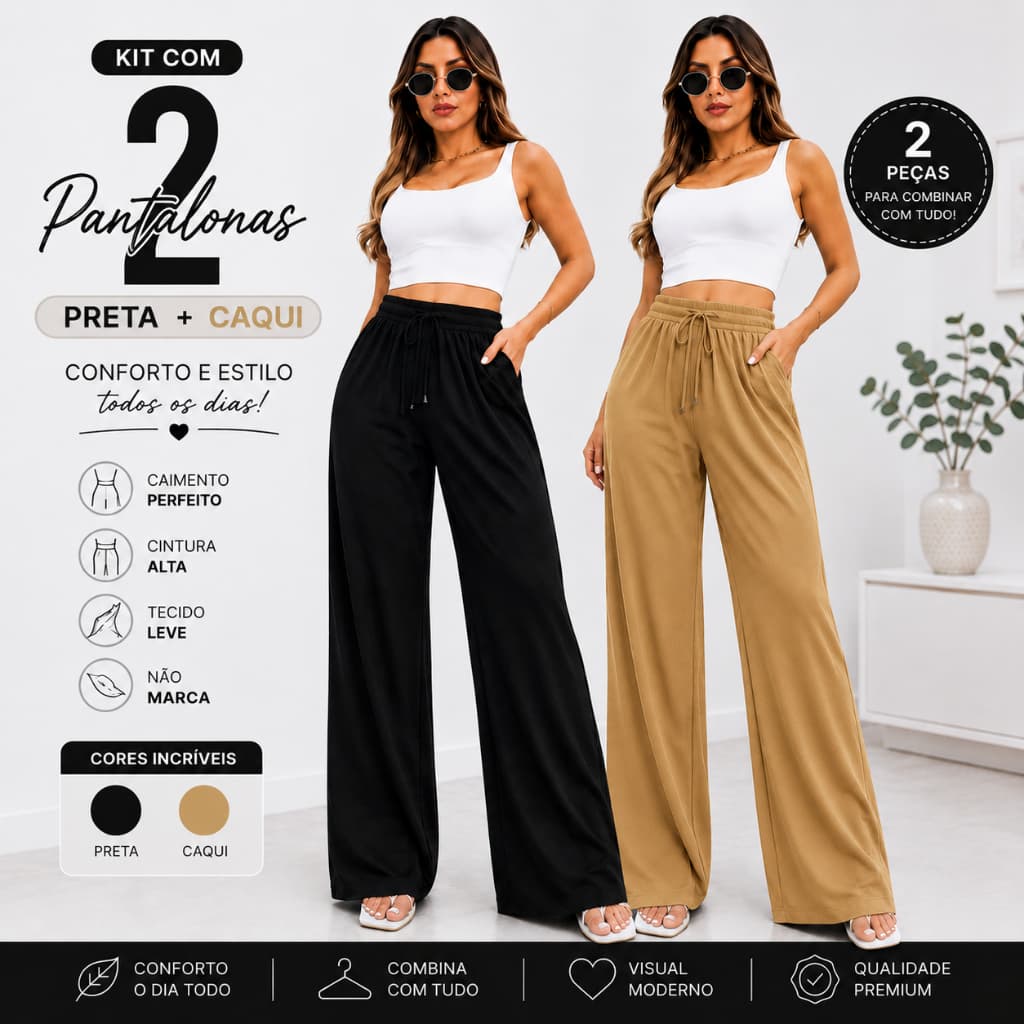 Kit 2 Calças Pantalona Feminina Tecido Duna Cintura Alta Com Bolso Confortável