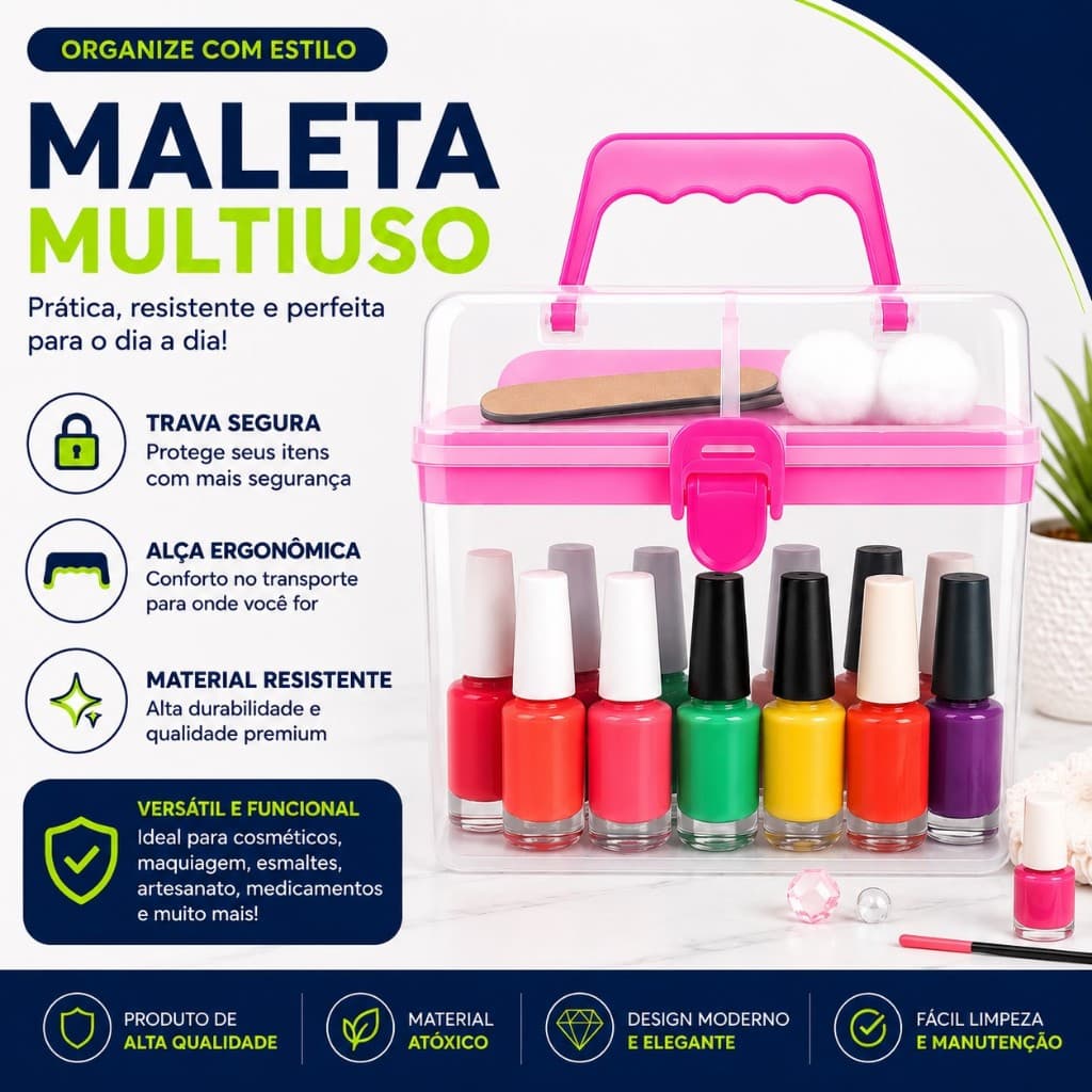 Maleta Organizadora Transparente com Alça Rosa – Multiuso