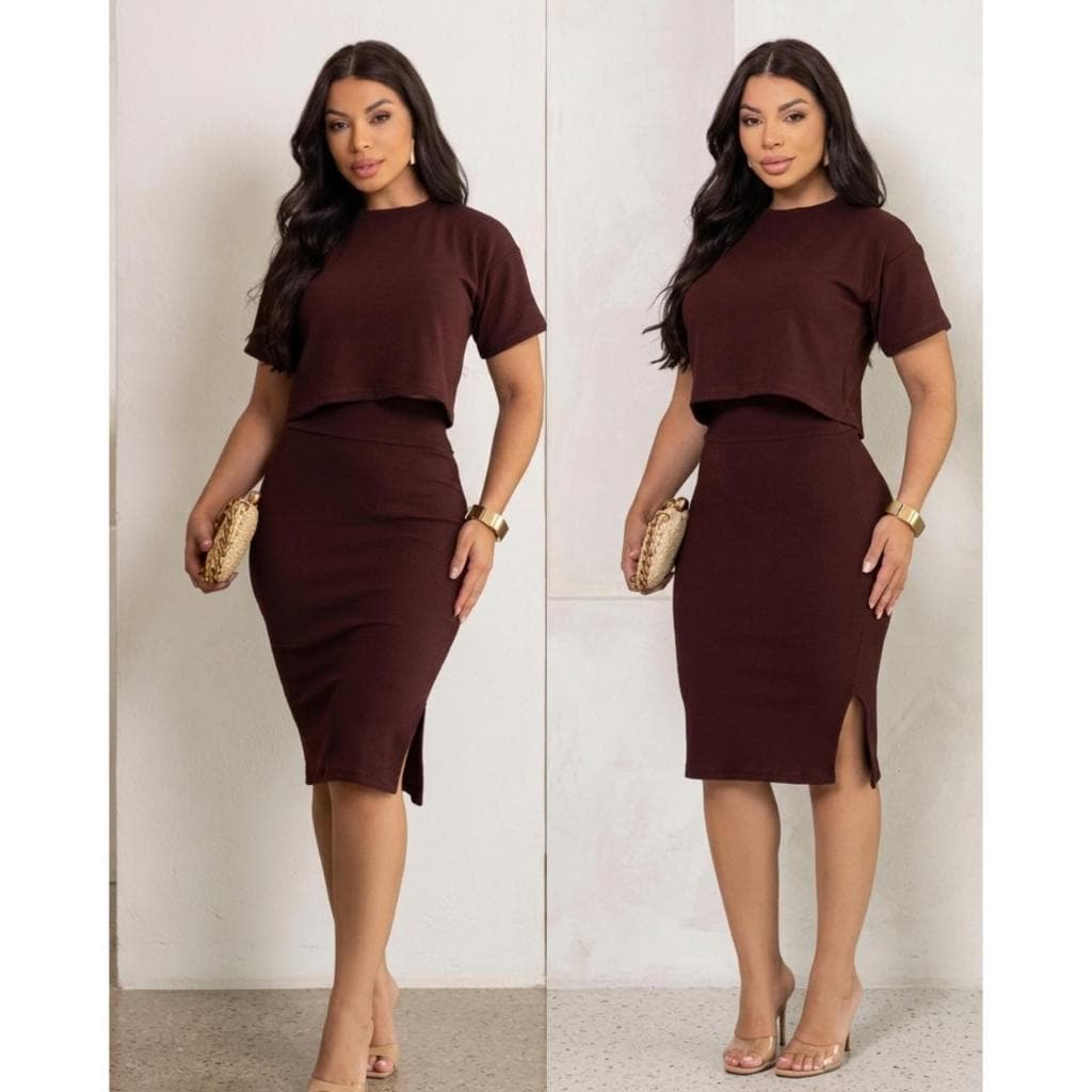 Conjunto Feminino Saia Midi Fenda Lateral Cropped Manga Curta Tecido Canelado Casual P M G GG