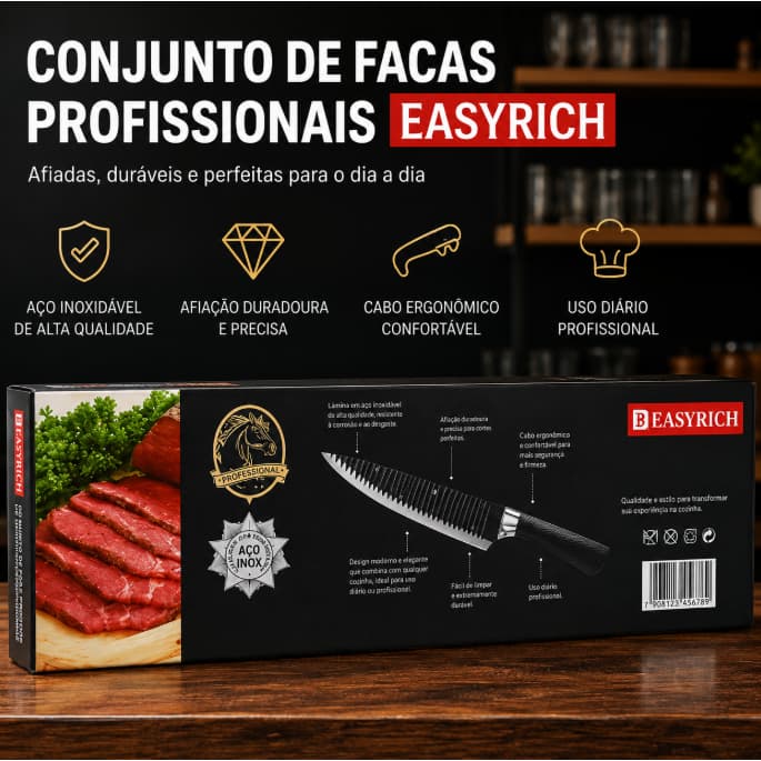 Conjunto de Facas Profissionais EASYRICH 6 Peças Aço Inoxidável Ultra Afiadas Cabo Ergonômico Cozinha Churrasco