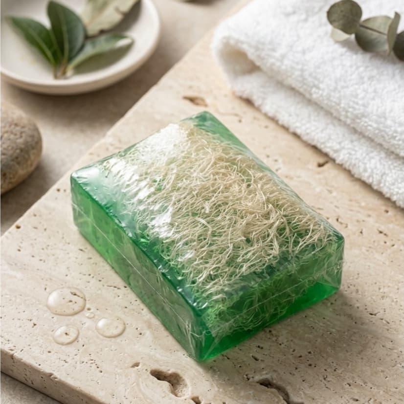 Kit 2 Sabonetes Artesanais Com Bucha Vegetal Natural 6cm Esfoliante Corporal Pele Macia