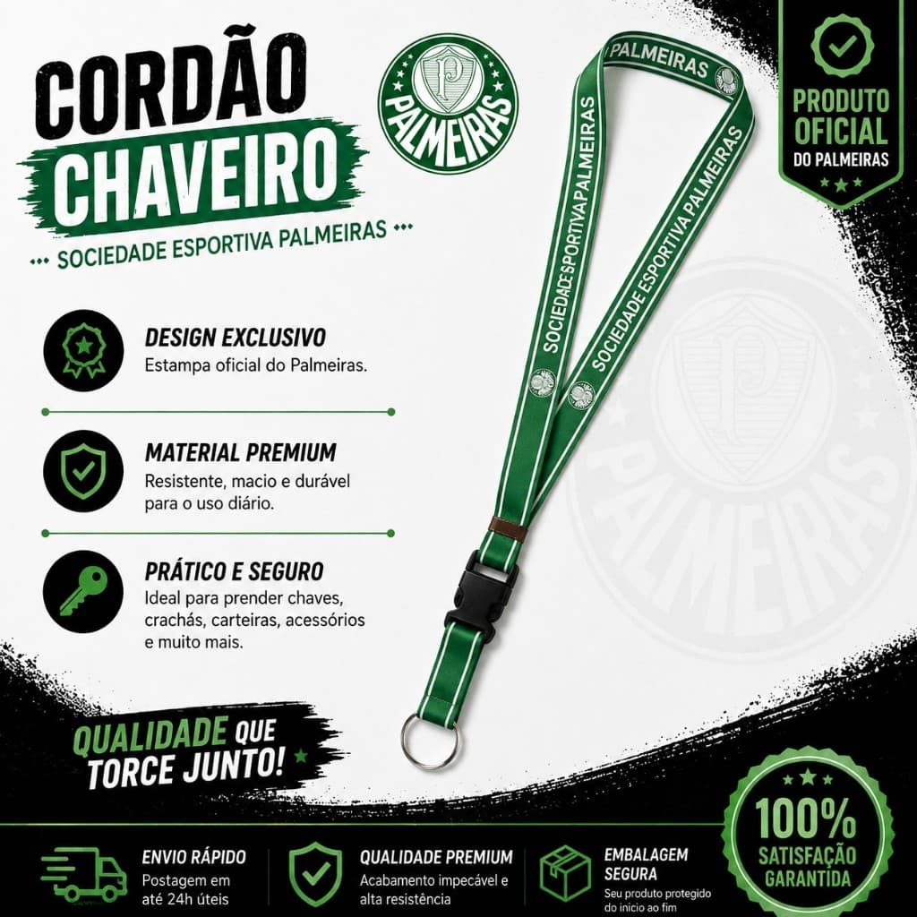 Cordão Chaveiro Lanyard Palmeiras Oficial Original Chaveiro Chave Trava Presente Torcedor Futebol