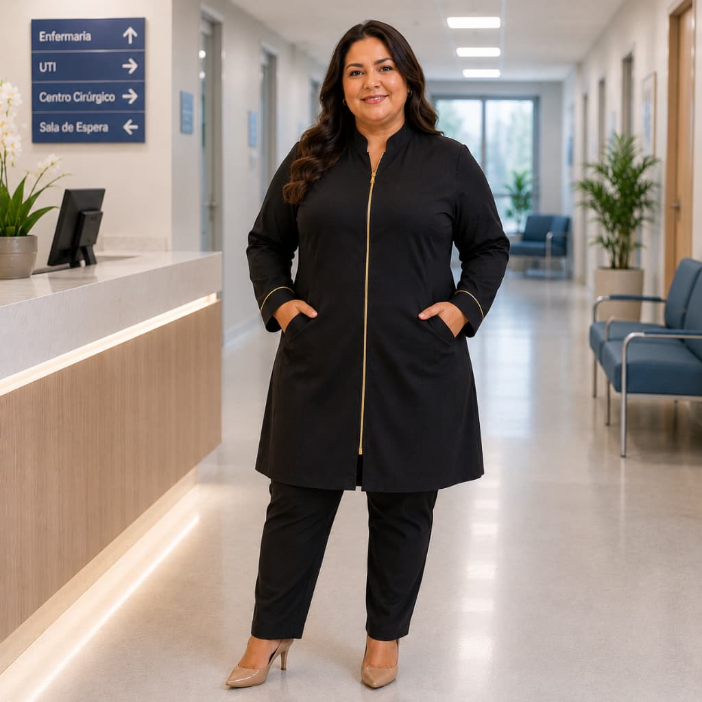 Jaleco Feminino Plus Size Preto Gabardine com Elastano Acinturado Gola Padre Zíper e Punho