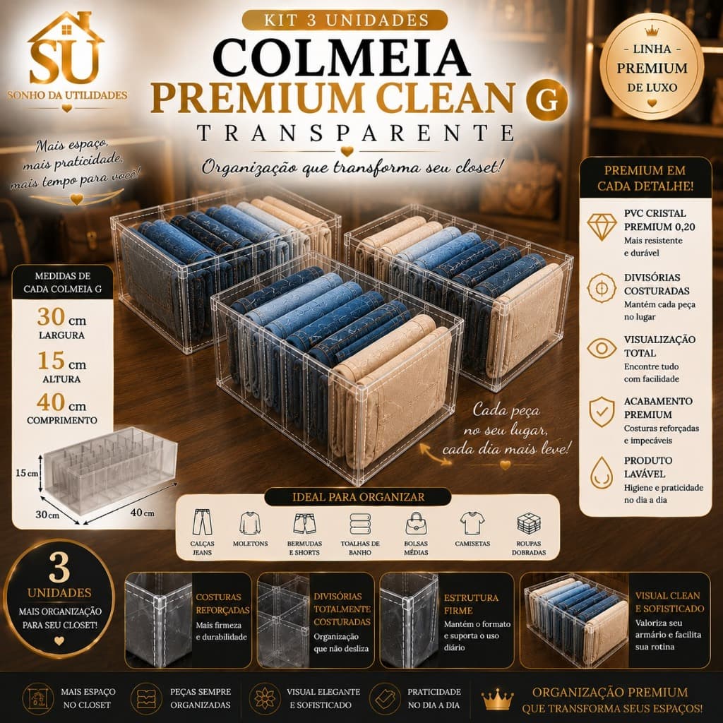 Kit 3 Colmeias Organizadoras Premium Clean Transparente Plus G PVC Cristal 0,20 Costurada Jeans