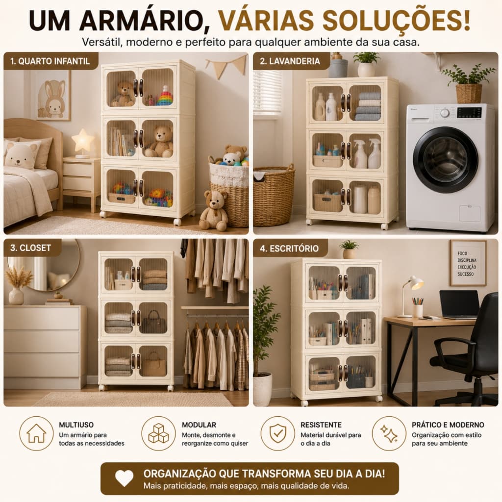 Armário Organizador Dobrável Armazenamento 03 Andares Lavanderia Banheiro Plástico Rodinha Modular Organizador 3 Nichos