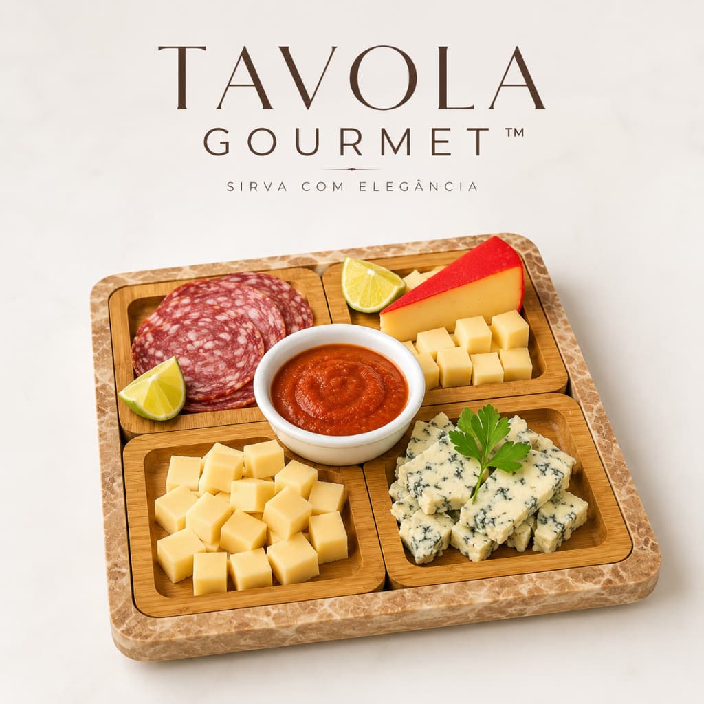 Petisqueira Madeira 4 Divisórias com Base Elegante para Queijos Frios Aperitivos e Happy Hour