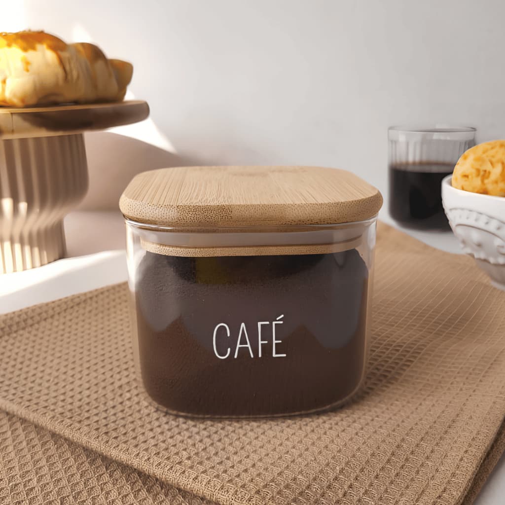 Pote Hermético de Vidro Resistente Quadrado com Tampa de Bambu Personalizado 600ML Café Açúcar