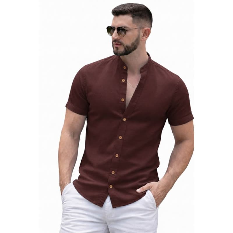 Camisa Masculina Gola Padre em Linho Premium – Manga Curta, Estilo Impecável e Conforto Absoluto