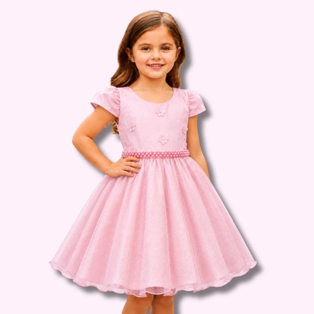 Vestido Infantil Brilho Florzinha Festa Curto Com Saia De Armação