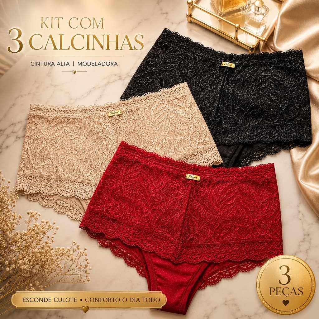 Kit 3 Calcinhas Cintura Alta Modeladora Redutora Segura Barriga Renda