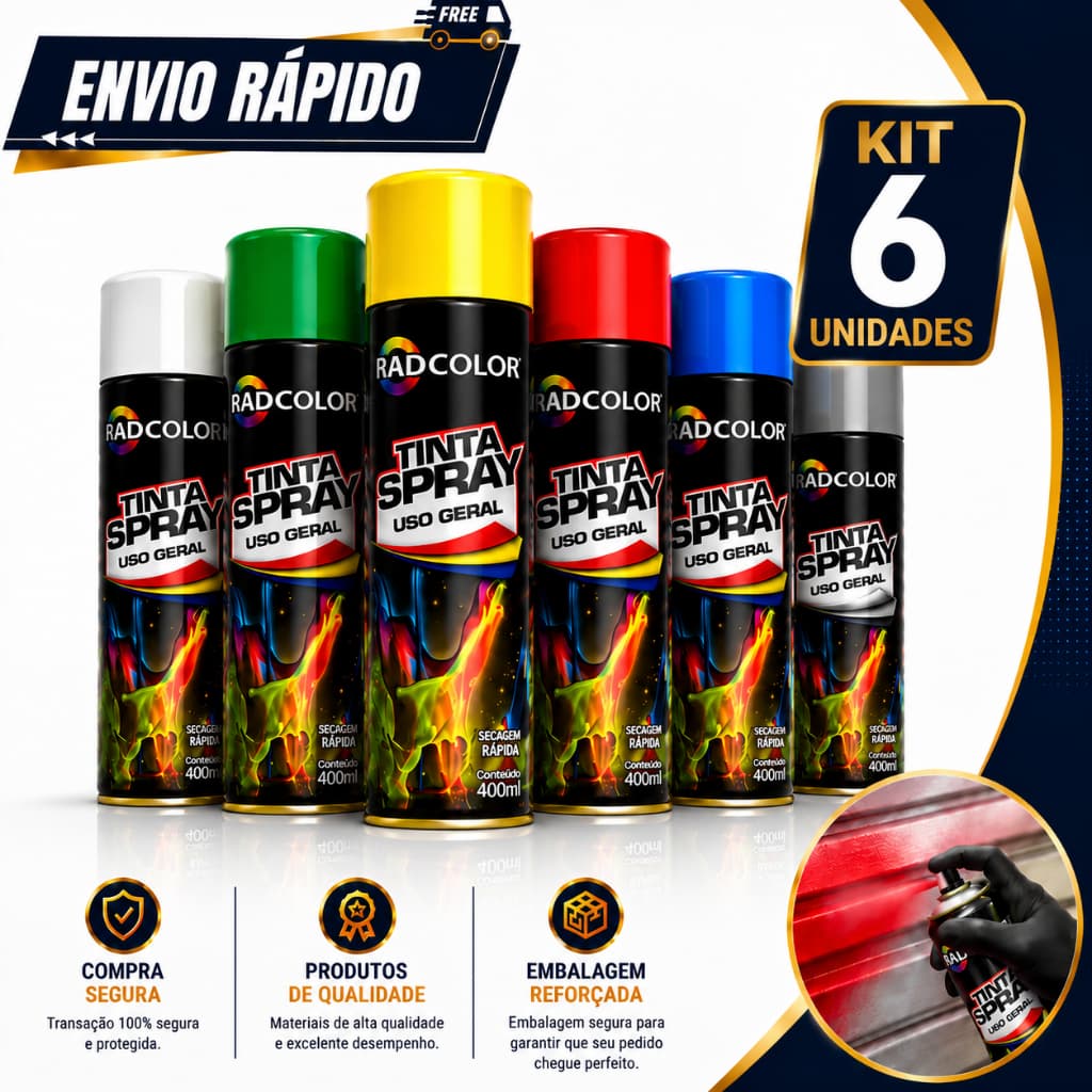 Kit 6 Tinta Spray Todas As Cores 400ml Uso Geral, Alta Temperatura e Automotivo