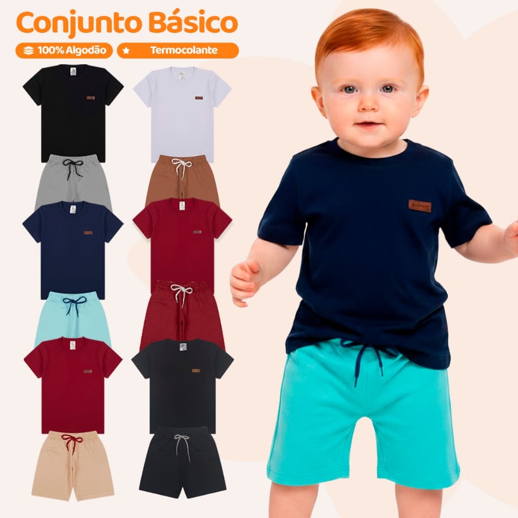 Kit Básico 10 Peças Roupa Bebê Menino - 5 Camisetas Básicas + 5 Bermudas - 5 Conjuntos Lisos Bebê Menino