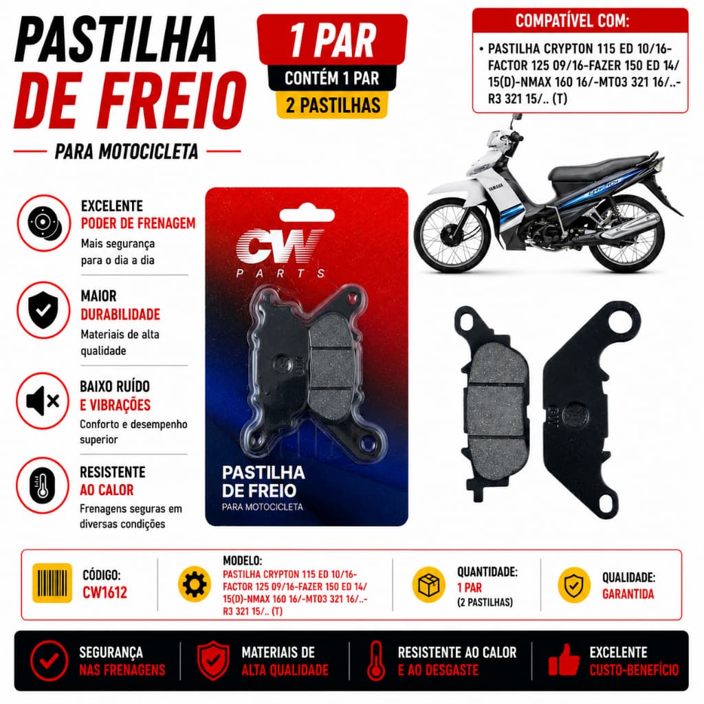 Pastilha de Freio Traseira CW moto Crypton 115 / Factor 125 / Nmax 160 / MT03 / R3 321