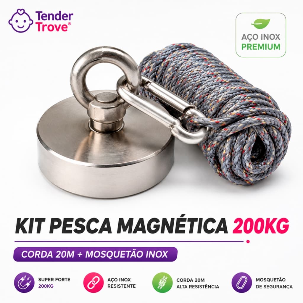 Ímã Neodímio 200kg Tração Super Forte Kit Pesca Magnética Completo Corda 20 Metros Mosquetão Inox