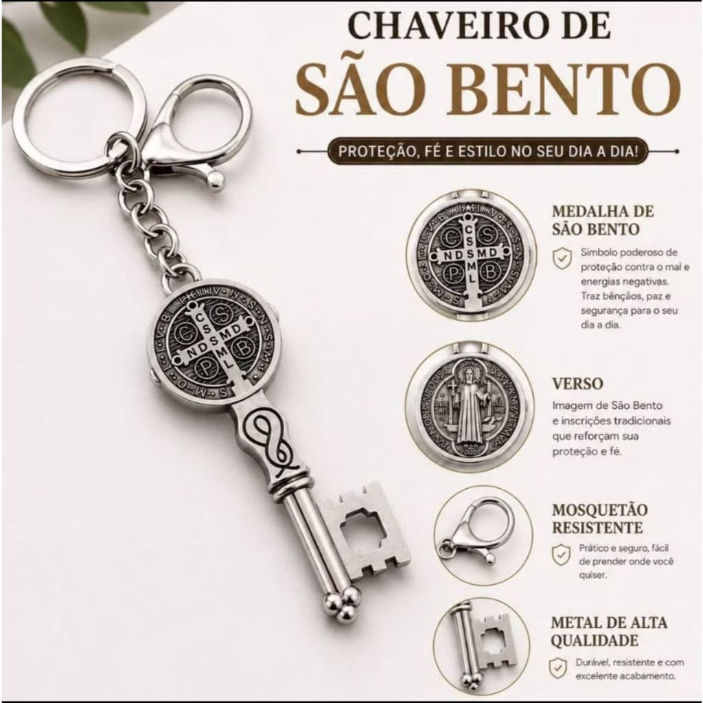 Chaveiro Medalha de São Bento com Chave da Proteção – Fé, Proteção e Devoção | Dourado e Prata