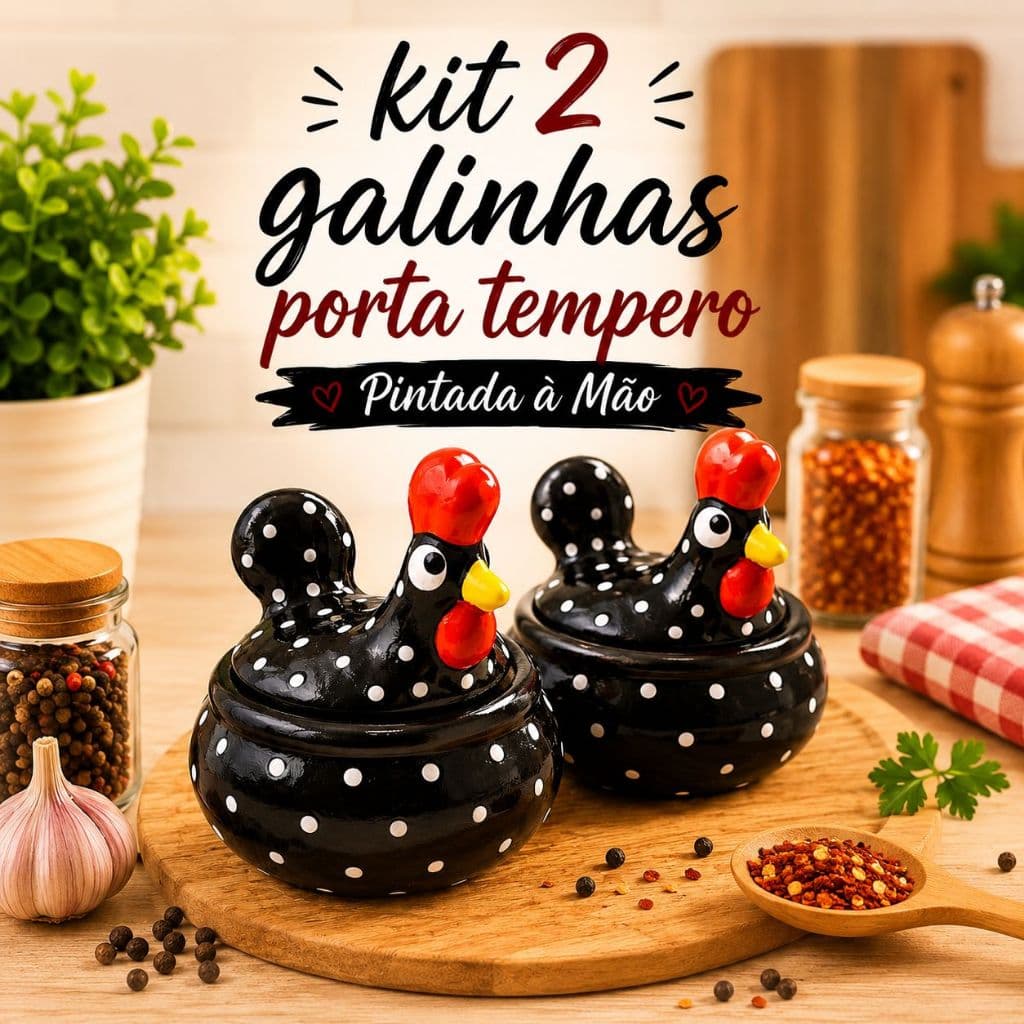 Kit 2 Mini Galinhas Porta Tempero em Cerâmica Pintada à Mão