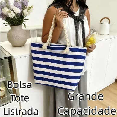 Bolsa de lona listrada Tote ecobag unissexo espaçosa e resistente perfeita para compras praia e dia a dia