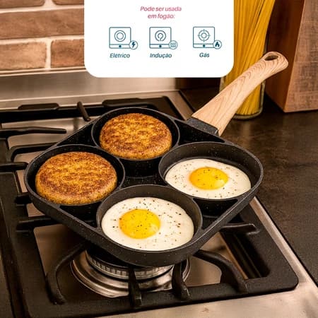 Frigideira Antiaderente Pedra Indução 4 Compartimentos Ovo Hambúrguer Omelete Fogão Gás Elétrico Fácil Limpeza