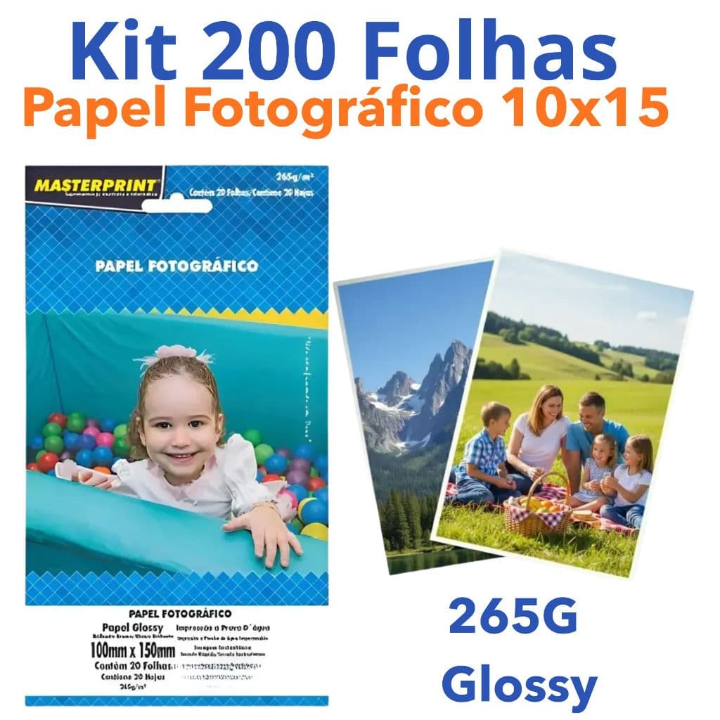 Kit 200 Folhas Papel Fotográfico Brilhante Branco 10x15 265g Glossy