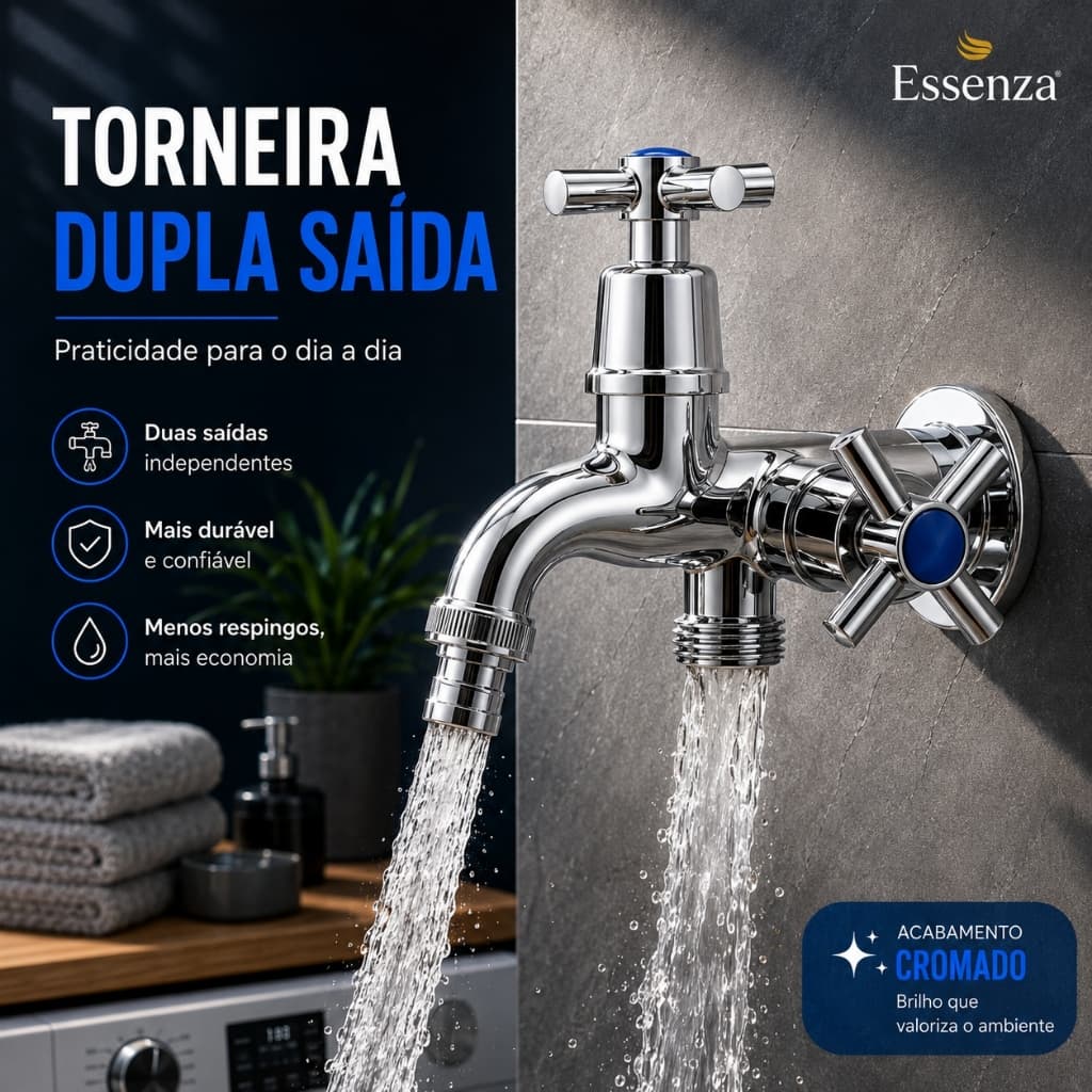 Torneira de Parede Essenza Dupla Saída para Tanque e Máquina de Lavar 1/4 ABS Volta G1/2