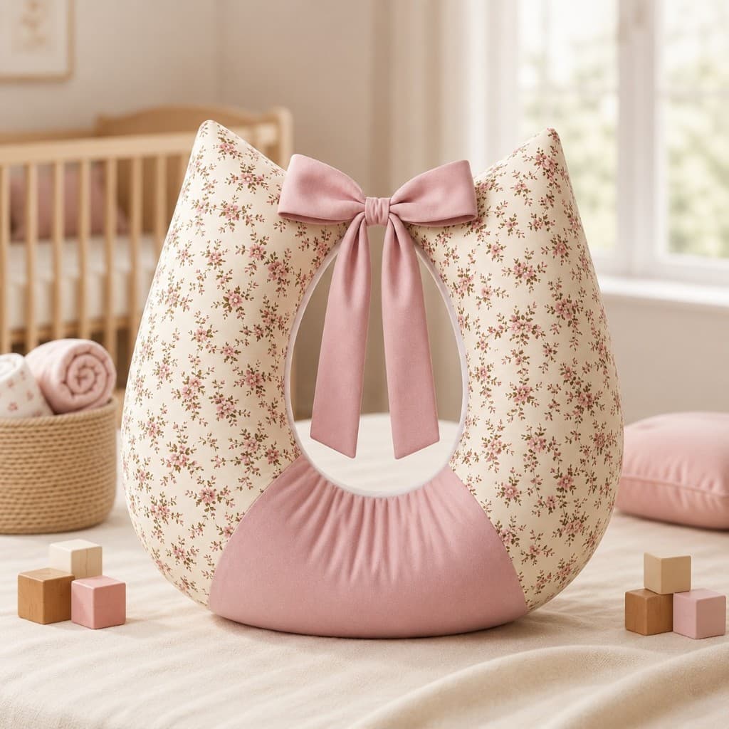 Almofada de Amamentação Anatômica Confortável Estampas Premium com Laço Macia para Mamãe e Bebê