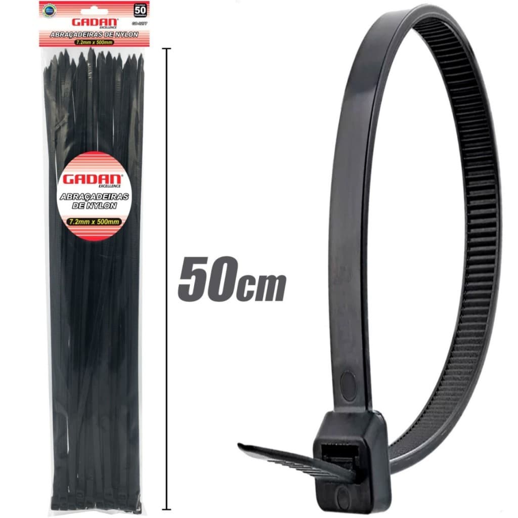 Kit com 50 Abraçadeiras de Nylon Gadan 7,2mm x 500mm – Extra Forte Preta | Uso Pesado | Enforca gato
