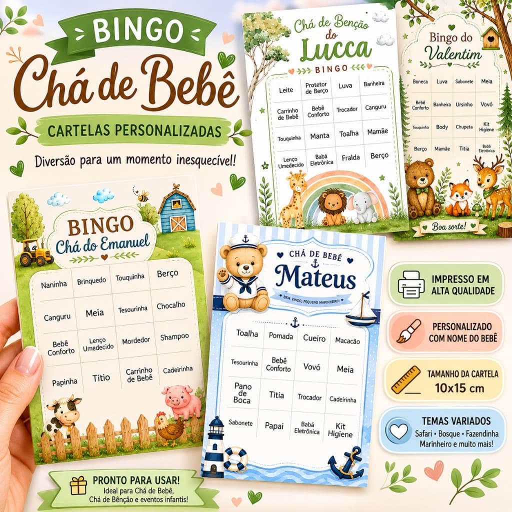 Bingo Chá de Bebê Menino Chá de Fralda - Chá de Benção - Safari | Fazendinha| Bosque | Marinheiro