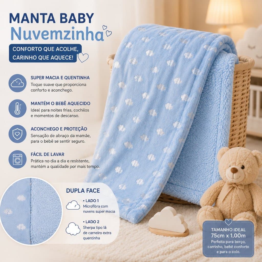 Cobertor Manta Baby Sherpa Dupla Face Quentinha e Macia 75x100cm Infantil premium manta para inverno