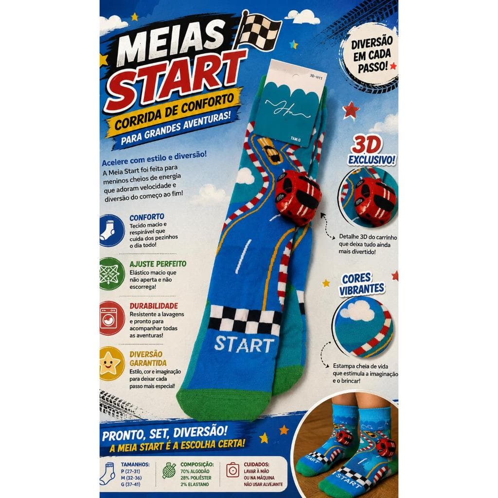 Meia 3D Divertida Infantil Cano Alto Tamanho Único Veste 33 ao 38 MI 3D
