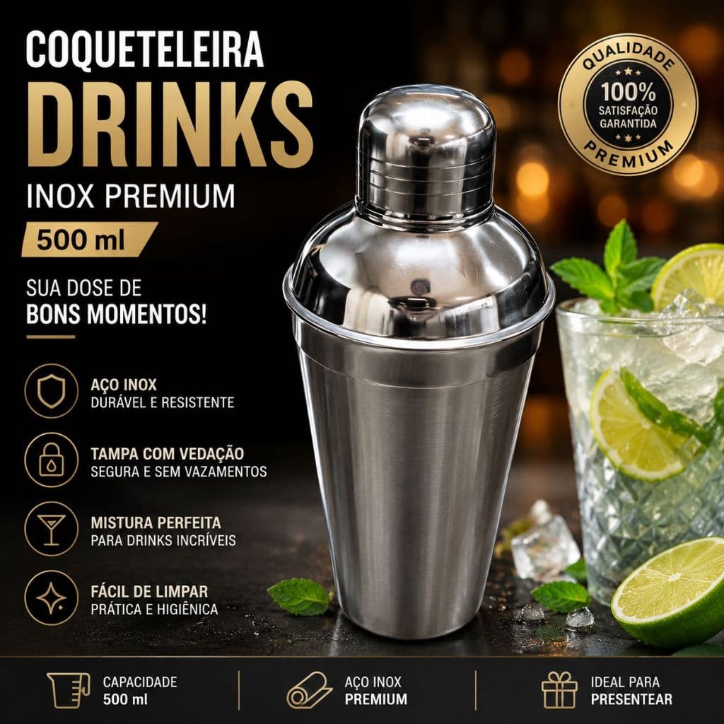 Coqueteleira Inox Premium Drinks 500 Ml Misturador Bartender Bar Casa