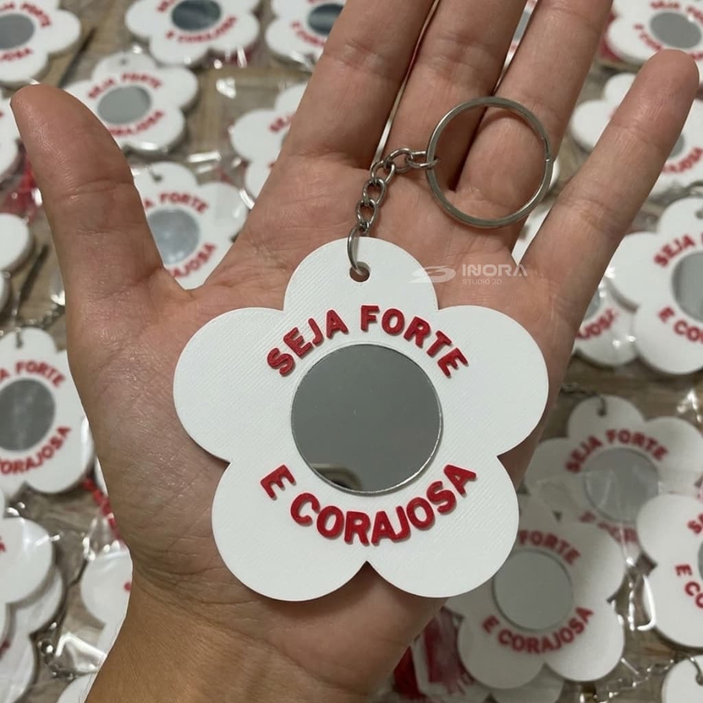 Chaveiro Flor com Espelho Seja Forte e Corajosa | Presente Feminino Motivacional