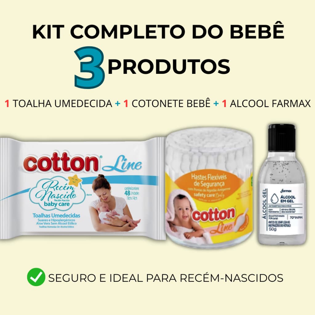 Kit Toalha Umedecida Cotonete Álcool Para Higienização Farmax Cottonline Kit Higiene Recém Nascido