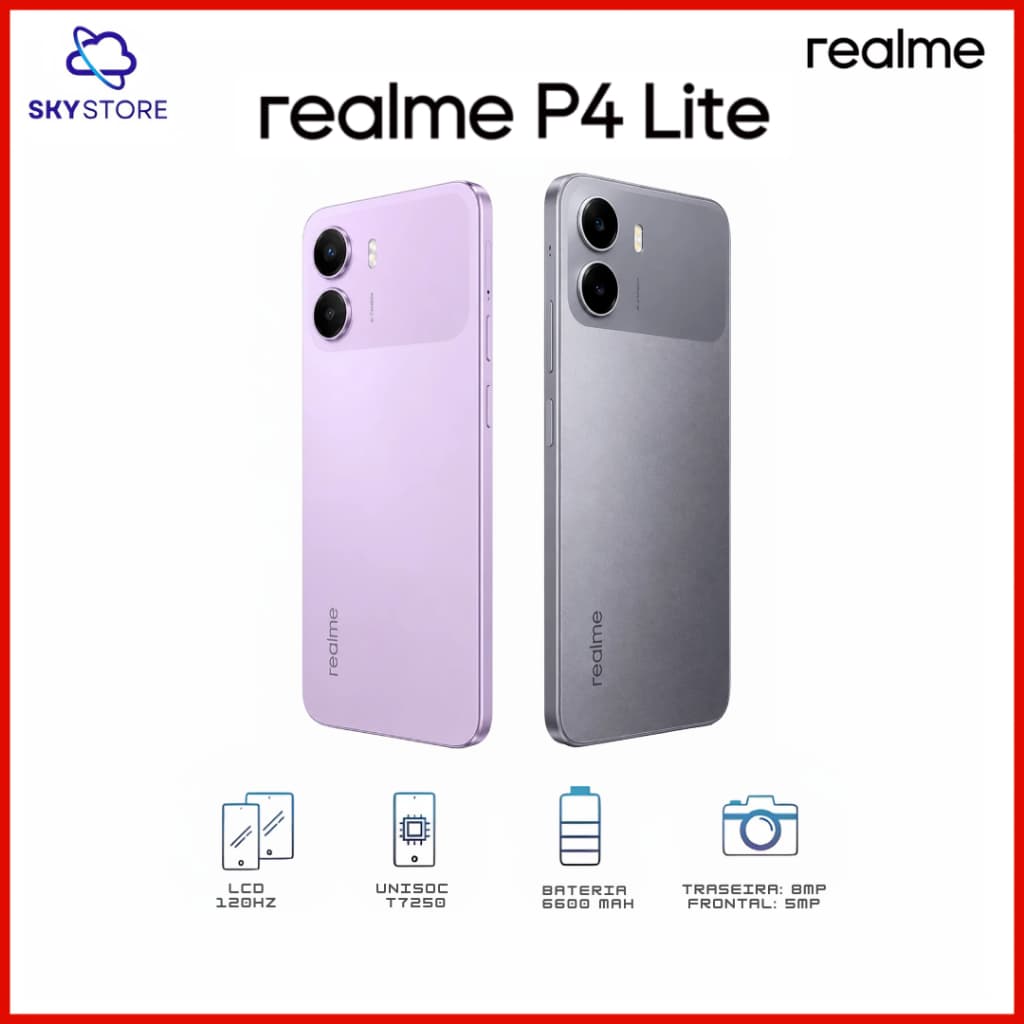 Realme P4 Lite 4G , Versão Global, Processador Unisoc T7250, 128/256GB e 4GB RAM, Bateria 6600mAh, Resistência IP64
