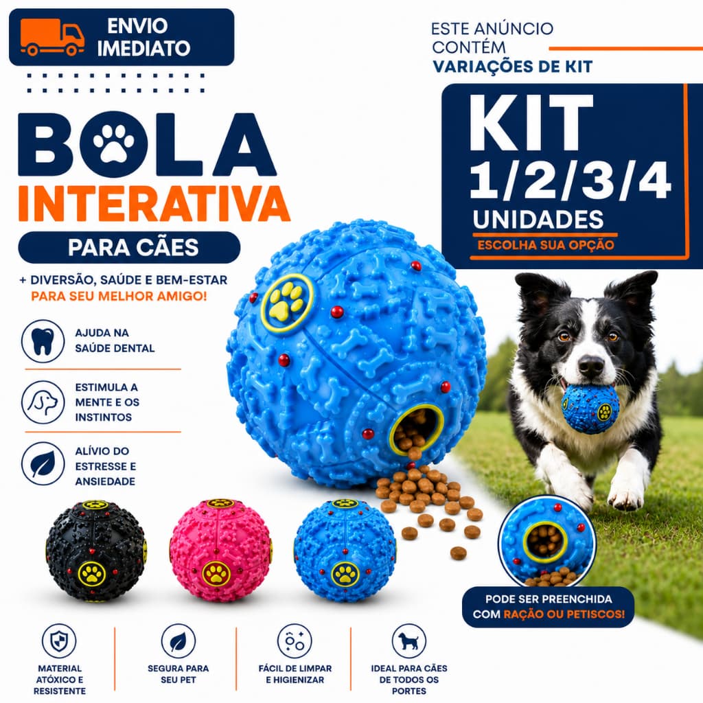 Bola Interativa Para Cães Porta Petiscos 1/2/3/4 Brinquedo Inteligente Dispensador de Ração Antiestresse Treinamento