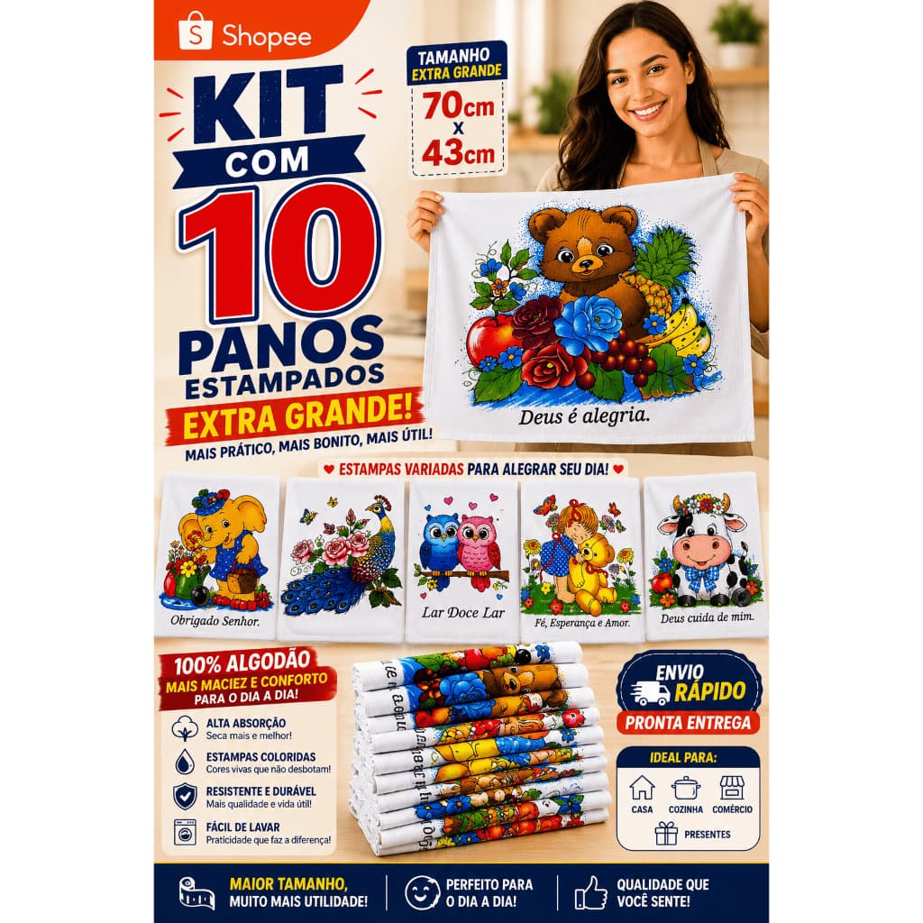 Kit 10 Pano De Prato Copa Grande Atacado 43x70 De Cozinha Estampado 100% Algodão