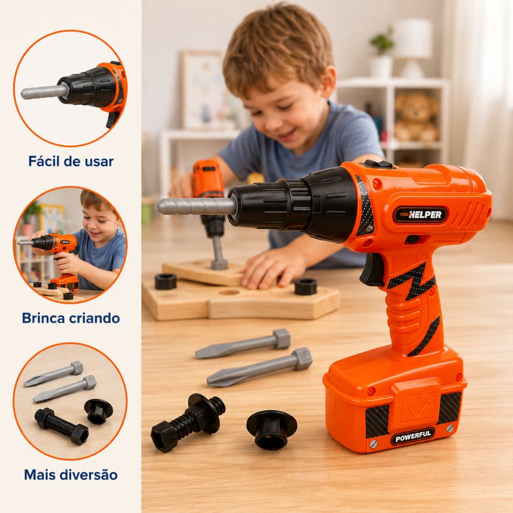 Furadeira Infantil Brinquedo Faz de Conta Ferramenta Educativa Coordenação Motora Imaginação Menino