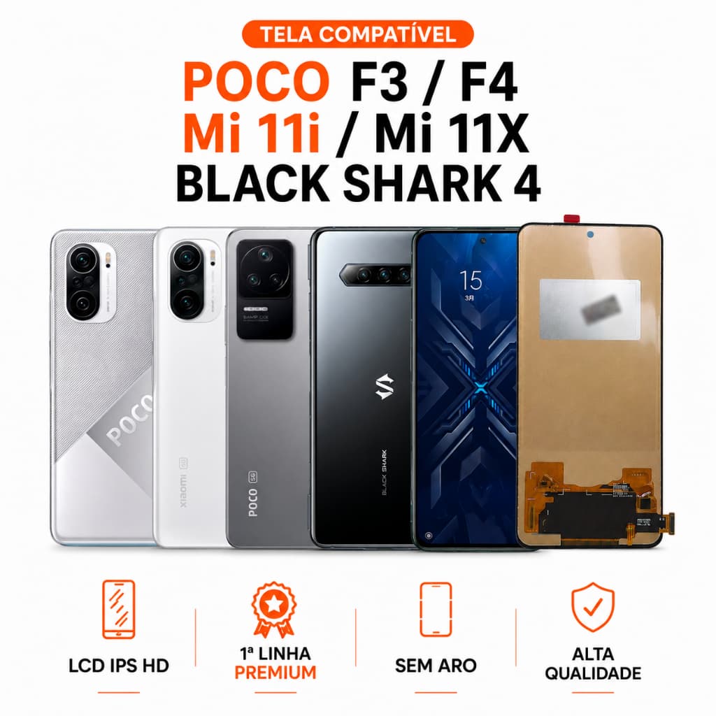 Display POCO F3 / POCO F4 / Mi 11i / Mi 11X / Black Shark 4 LCD IPS 1ª Linha Sem Aro Touch HD