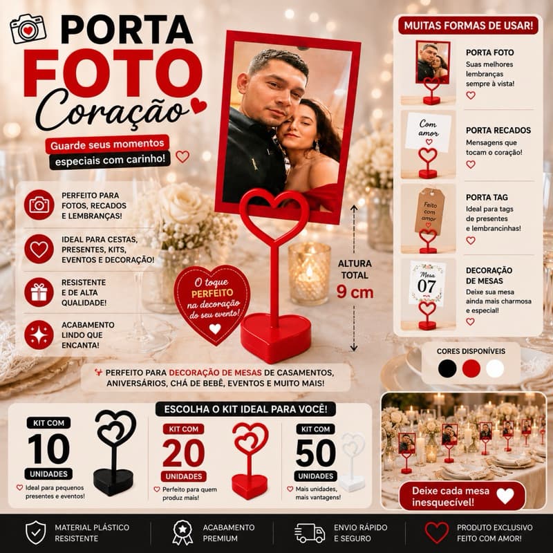 Porta Foto e Recados Coração 9cm Para Presentes, Cestas e Decoração