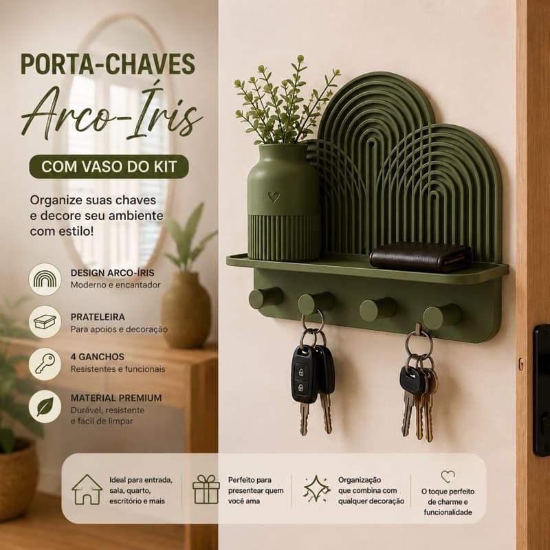 Porta Chaves de Parede Arco-Íris com Prateleira | Decoração Boho