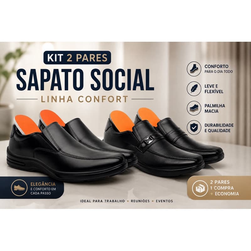 Sapato Social Kit 2 Pares de Social Linha Confort Anatomico Antistress Preço de Fábrica