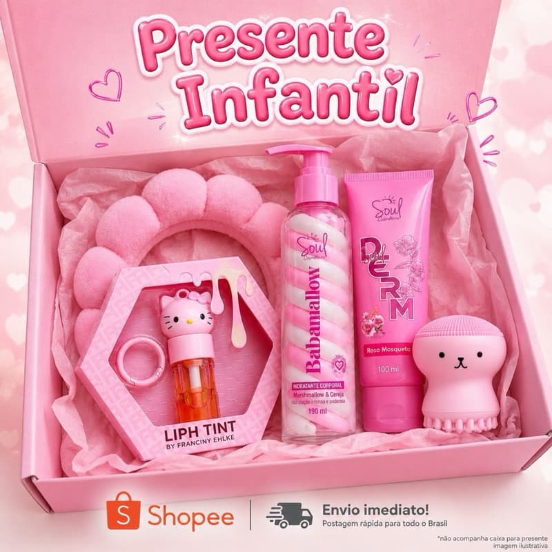 Kit Presente Feminino Skincare Completo Hello Kitty Hidratação Limpeza e Acessórios Presente