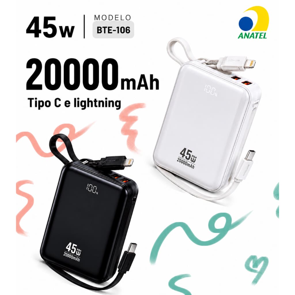 Carregador Portátil Power Bank 20000mAh Carga Rapida 45w Com Cabos Integrados Display LED USB-C e Lightning BTE-106