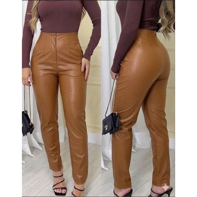 Calça Couro cintura alta Social zíper lateral