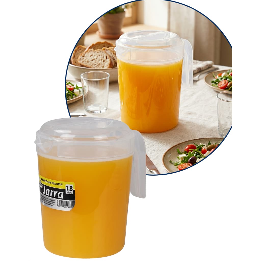 Jarra Suco 1,8L Plástico Tampa Transparente Bebidas Resistente Cozinha Versátil Multiuso Organização