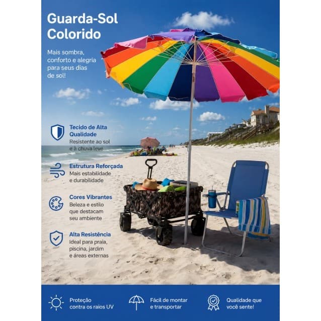 Guarda-Sol Praia 2,20 Colorido com Haste Reforçada Alta Resistência e Qualidade -Wincy