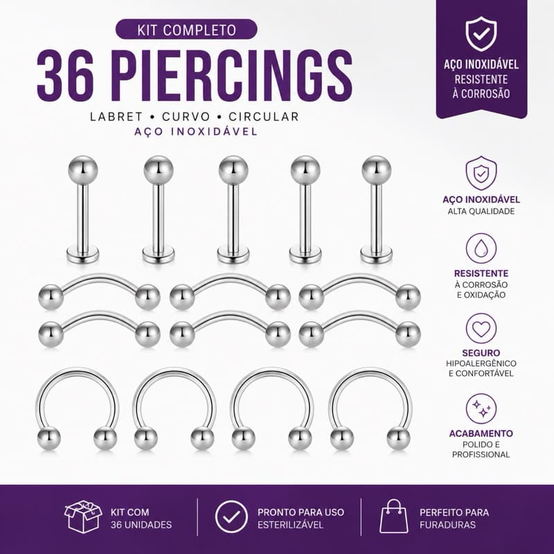 Kit 36 piercings juntos piercing furradura speto labret microbell curvo em aço inoxidavel (Bolinha*3)