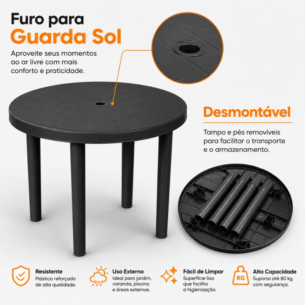 Mesa Redonda Desmontável Preta Prática Cozinha Área Lazer Festa Evento Buffet Jardim Envio Imediato!