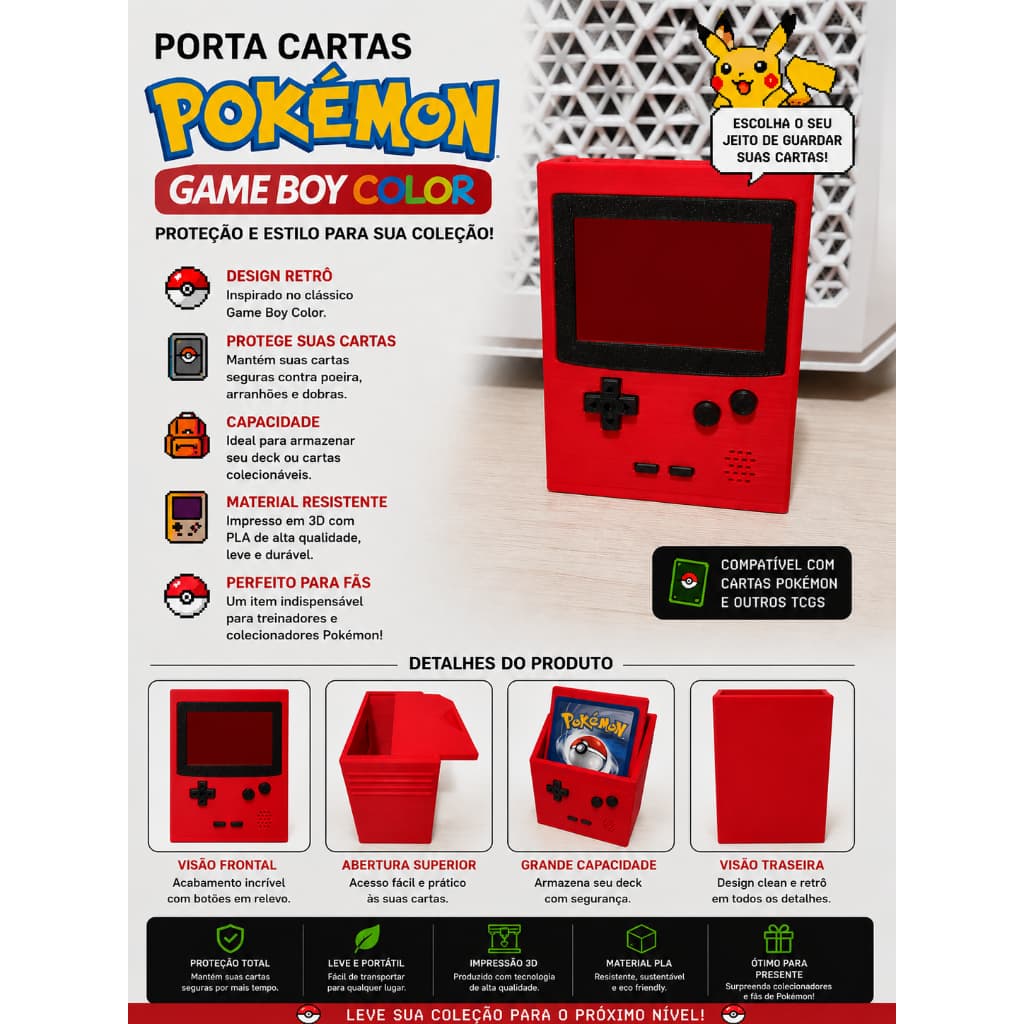 Porta Cartas Pokémon Estilo Game Boy Color | Impressão 3D Premium